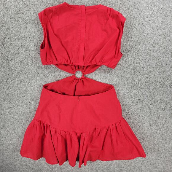 White Fox Cutout Ring Dress Womens L Red Sleeveless Mini Fit & Flare Ruffle Hem - Picture 13 of 16